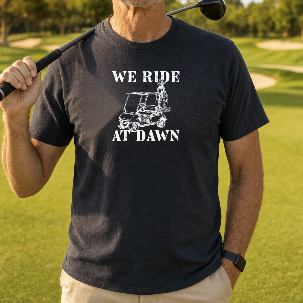We Ride At Dawn Cart Heavyweight Tee worn on the golf course, Moss