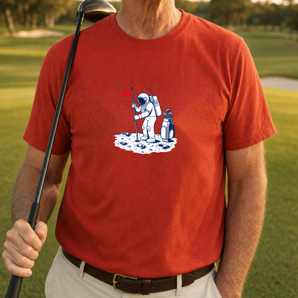 Astronaut Golfer Tee worn on the golf course, Red