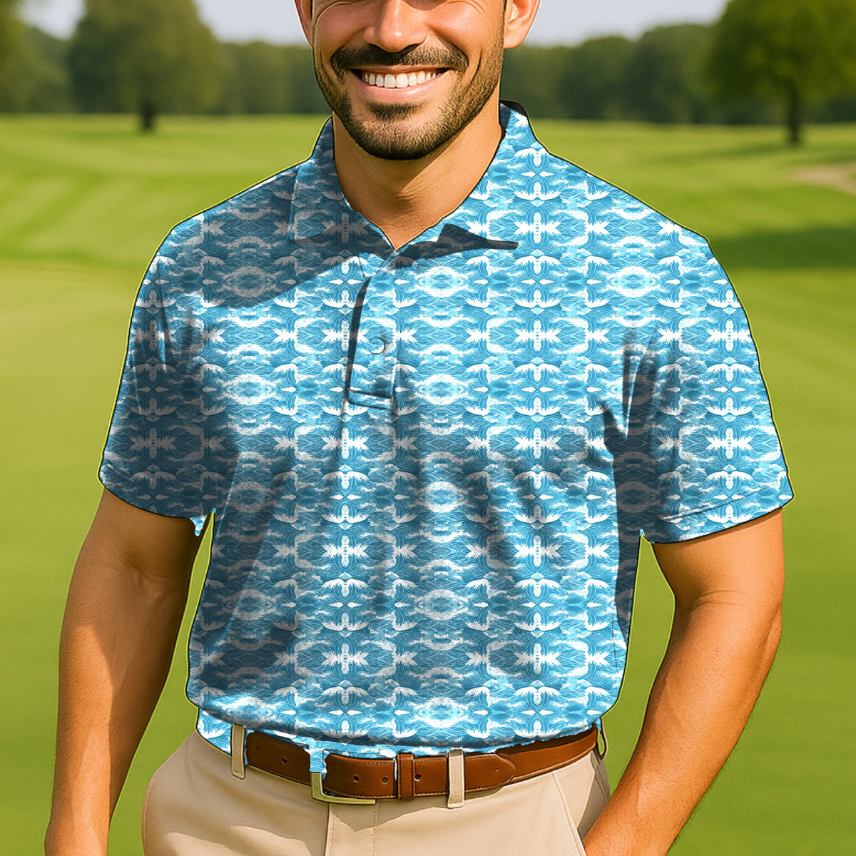 Blue Waves Performance Print Polo worn on the golf course