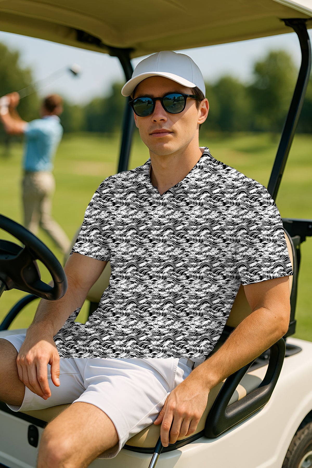 Great Wave Ink Performance Print Polo worn on the golf course