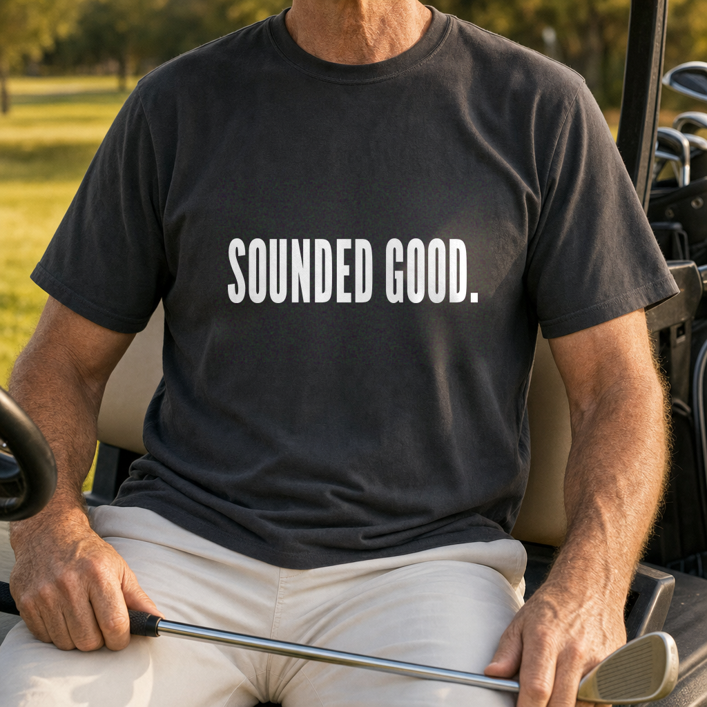 SOUNDED GOOD Heavyweight Tee worn on the golf course, Pepper