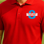 Put Me Down For a Five Performance Polo worn on the golf course, Red