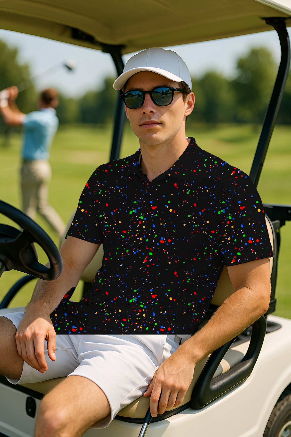 Paint Drops Performance Print Polo worn on the golf course