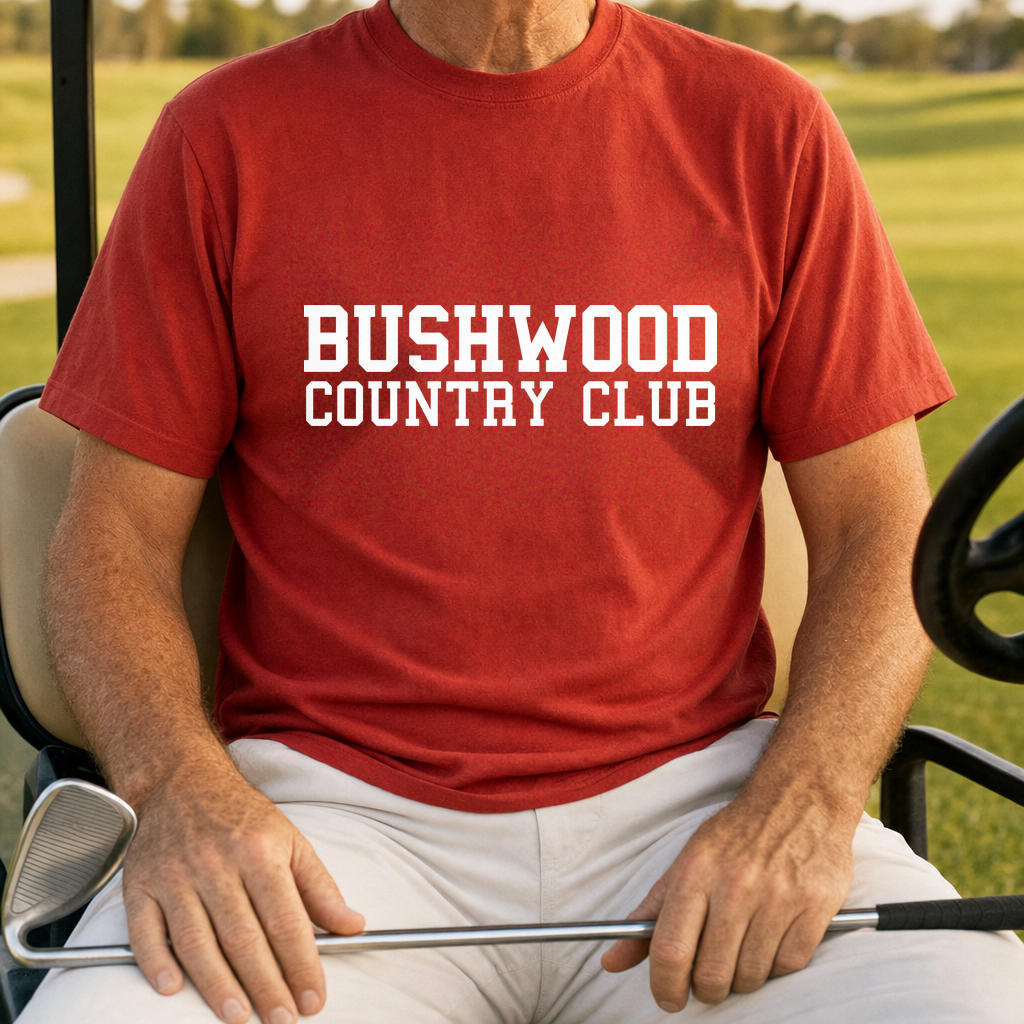 Bushwood Country Club Varsity Tee worn on the golf course, Red
