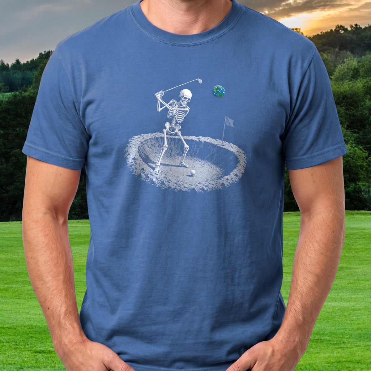 Moon Crater Skeleton Tee worn on the golf course, Royal