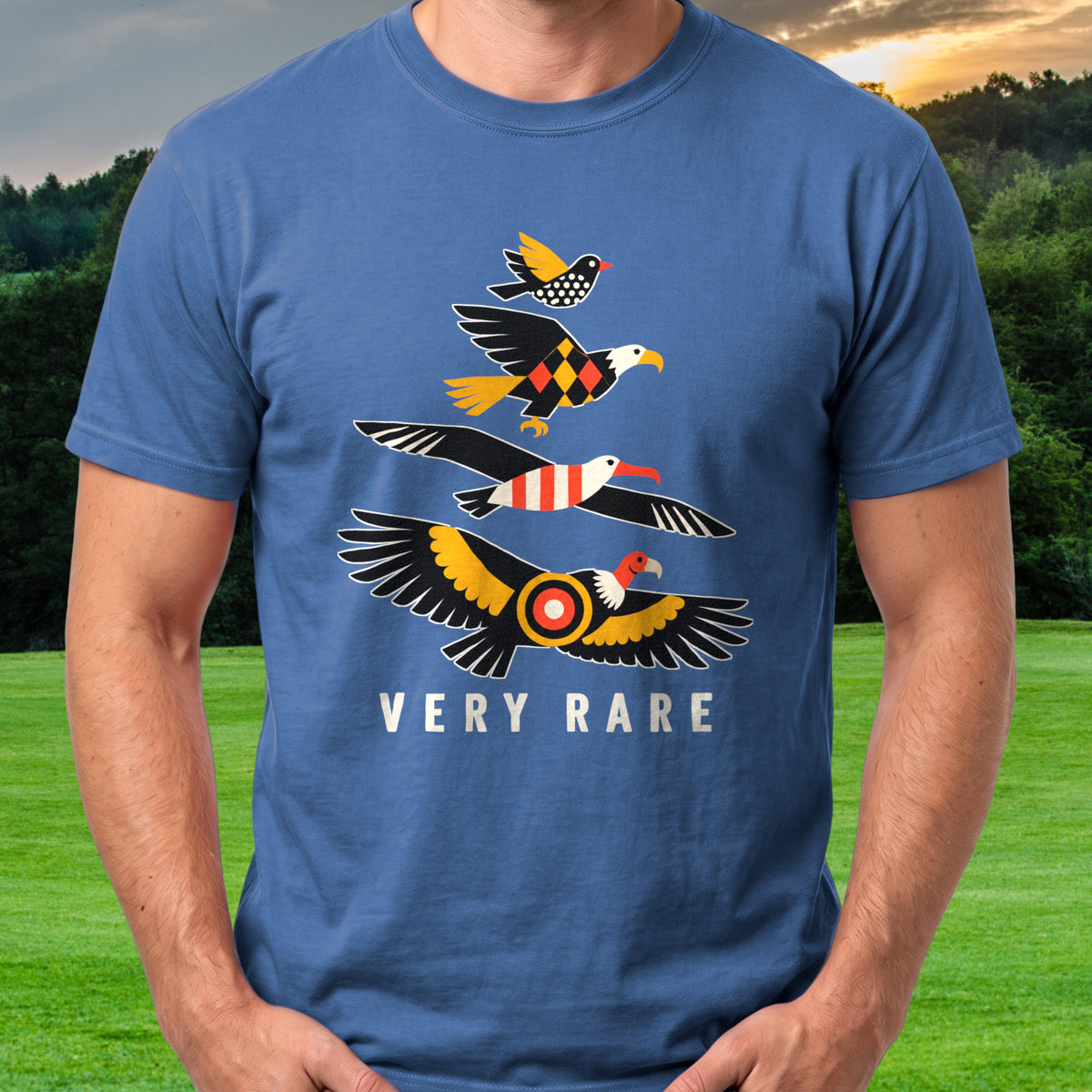 Very Rare Birds Tee worn on the golf course, Royal