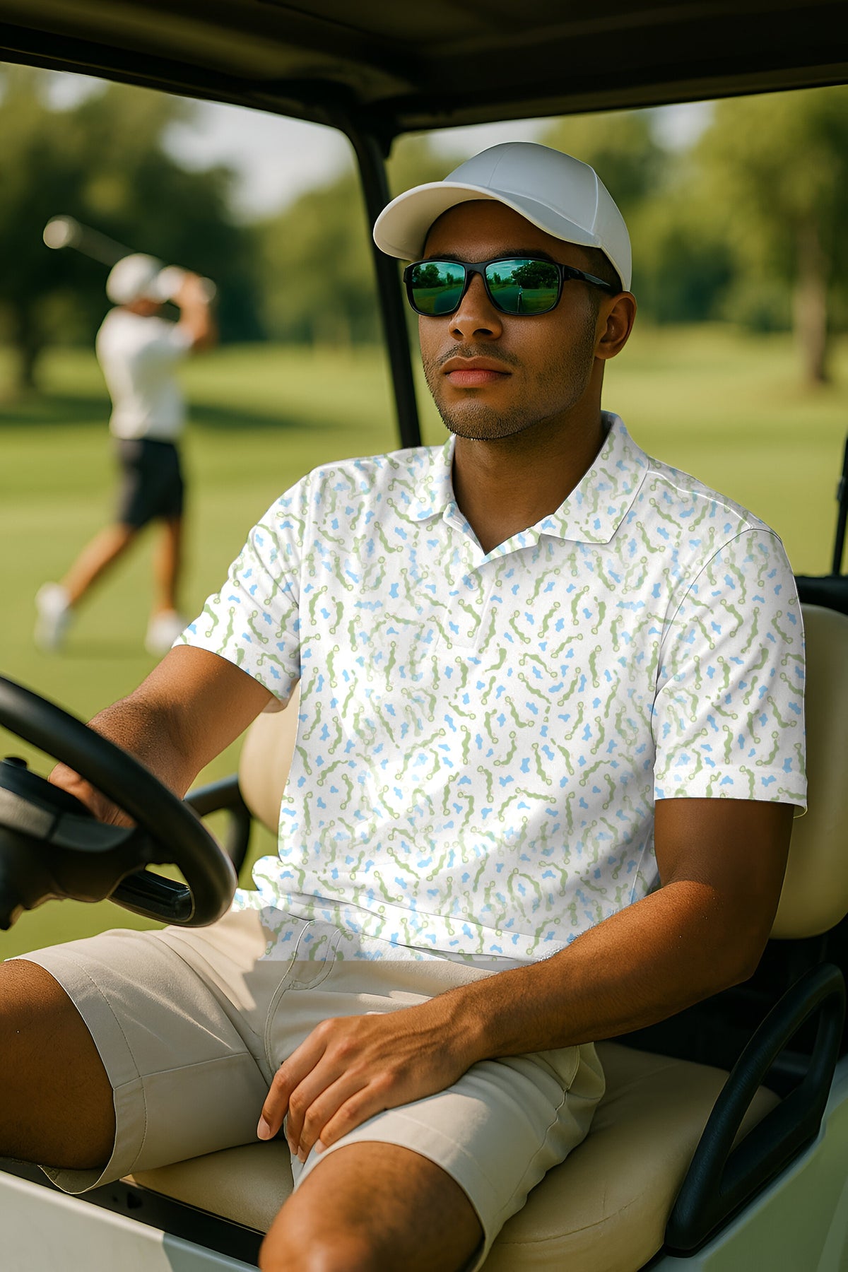 Course Contours Performance Print Polo worn on the golf course