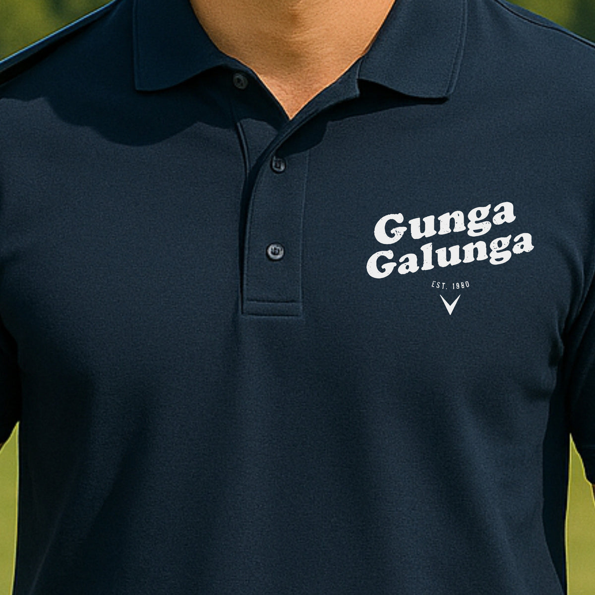 Gunga Galunga 1980 Performance Polo worn on the golf course, Navy