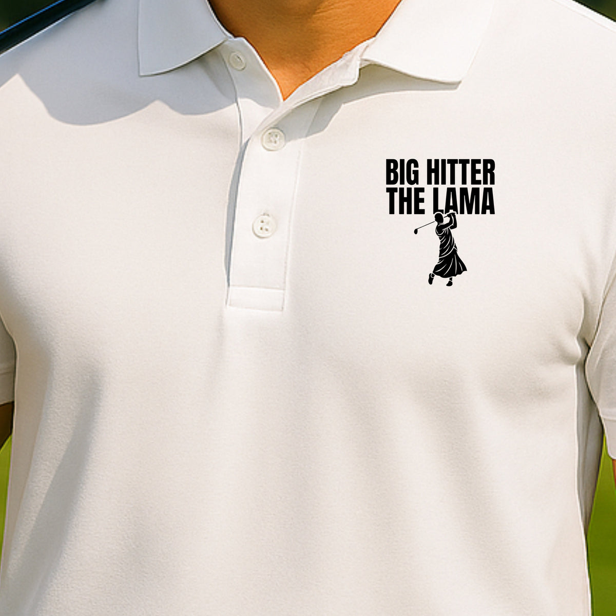 Big Hitter Performance Polo worn on the golf course, White