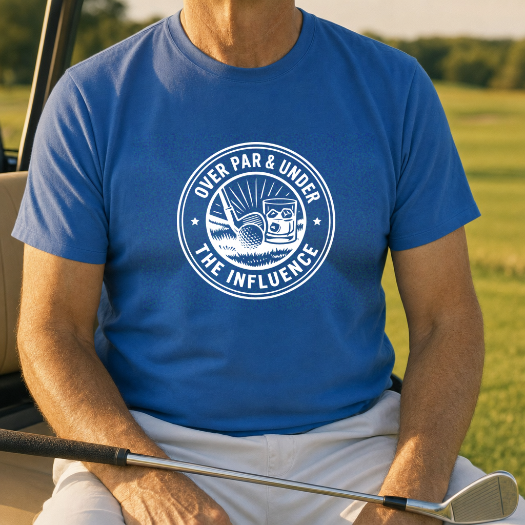 Over Par & Under The Influence Tee worn on the golf course, Royal