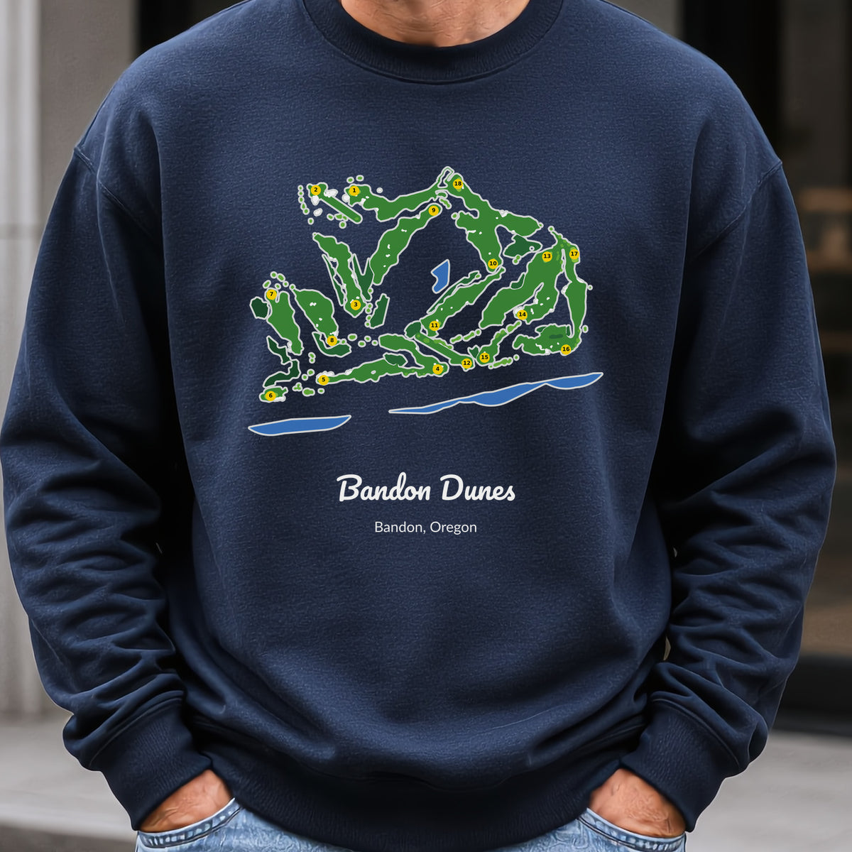 Bandon Dunes Course Map Sweatshirt worn, Navy