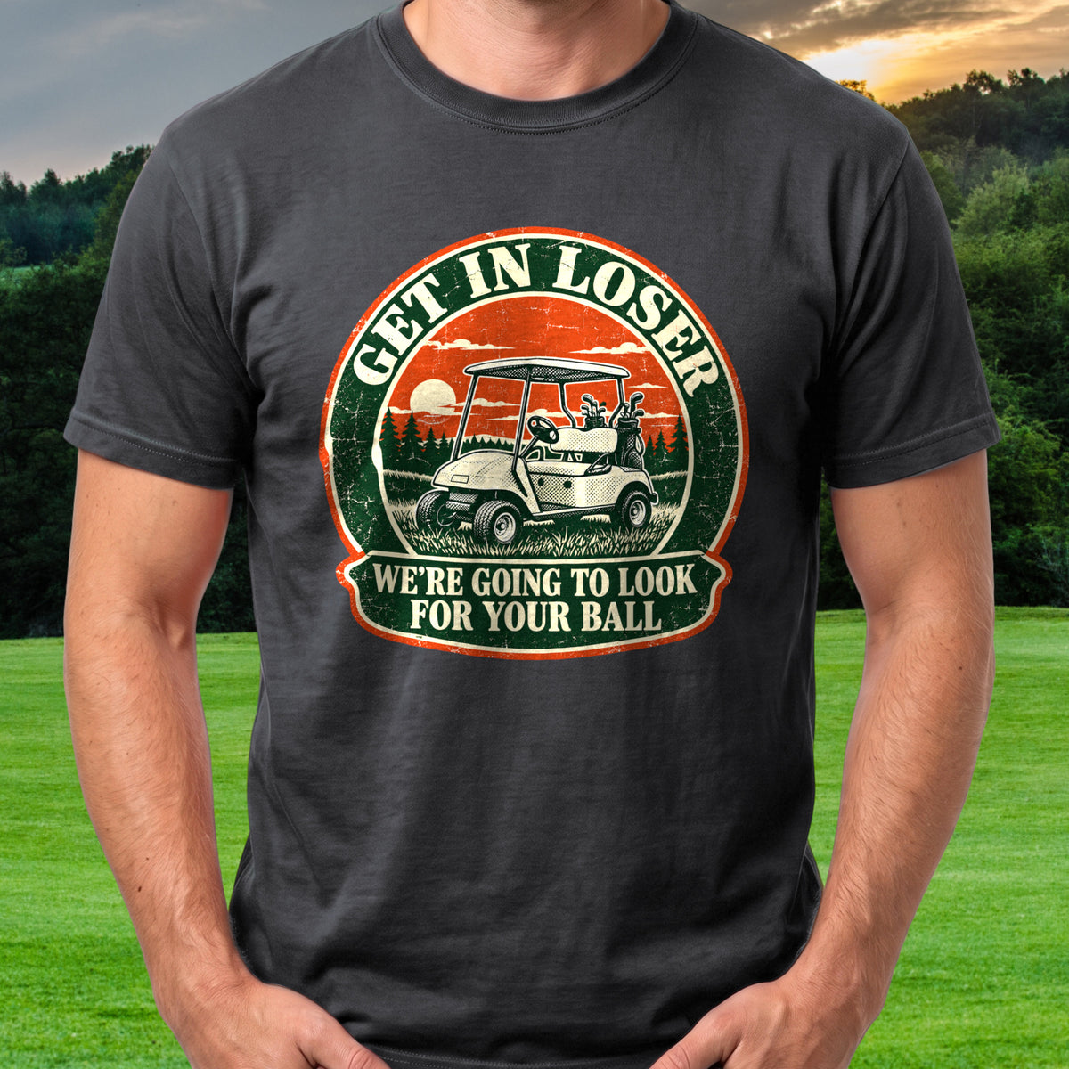 Get In Loser Ranger Badge Tee worn on the golf course, Black