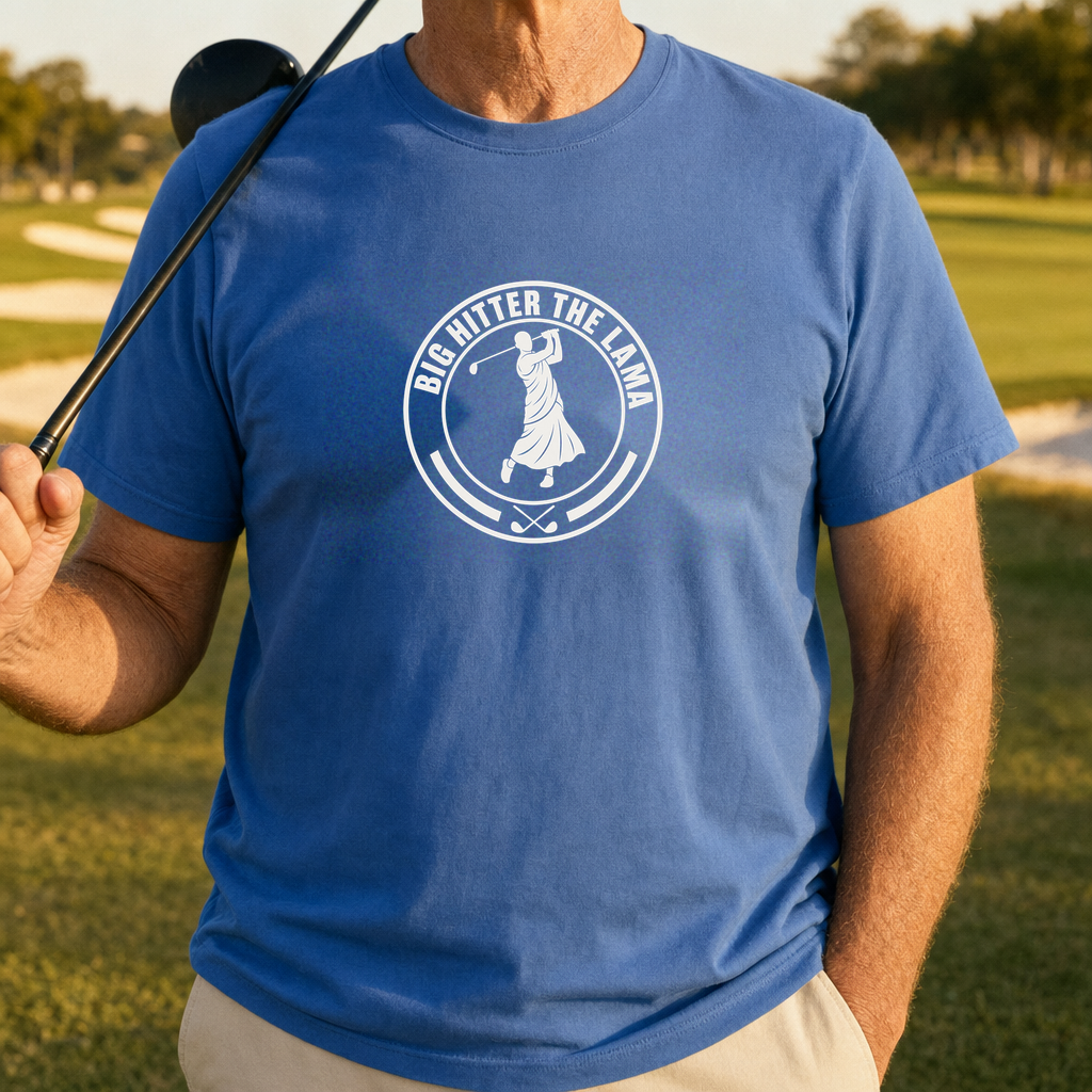 Big Hitter Lama Stamp Tee worn on the golf course, Royal