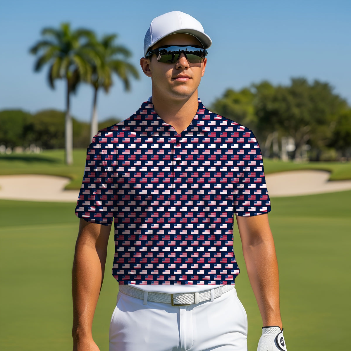 Old Glory Performance Print Polo worn on the golf course