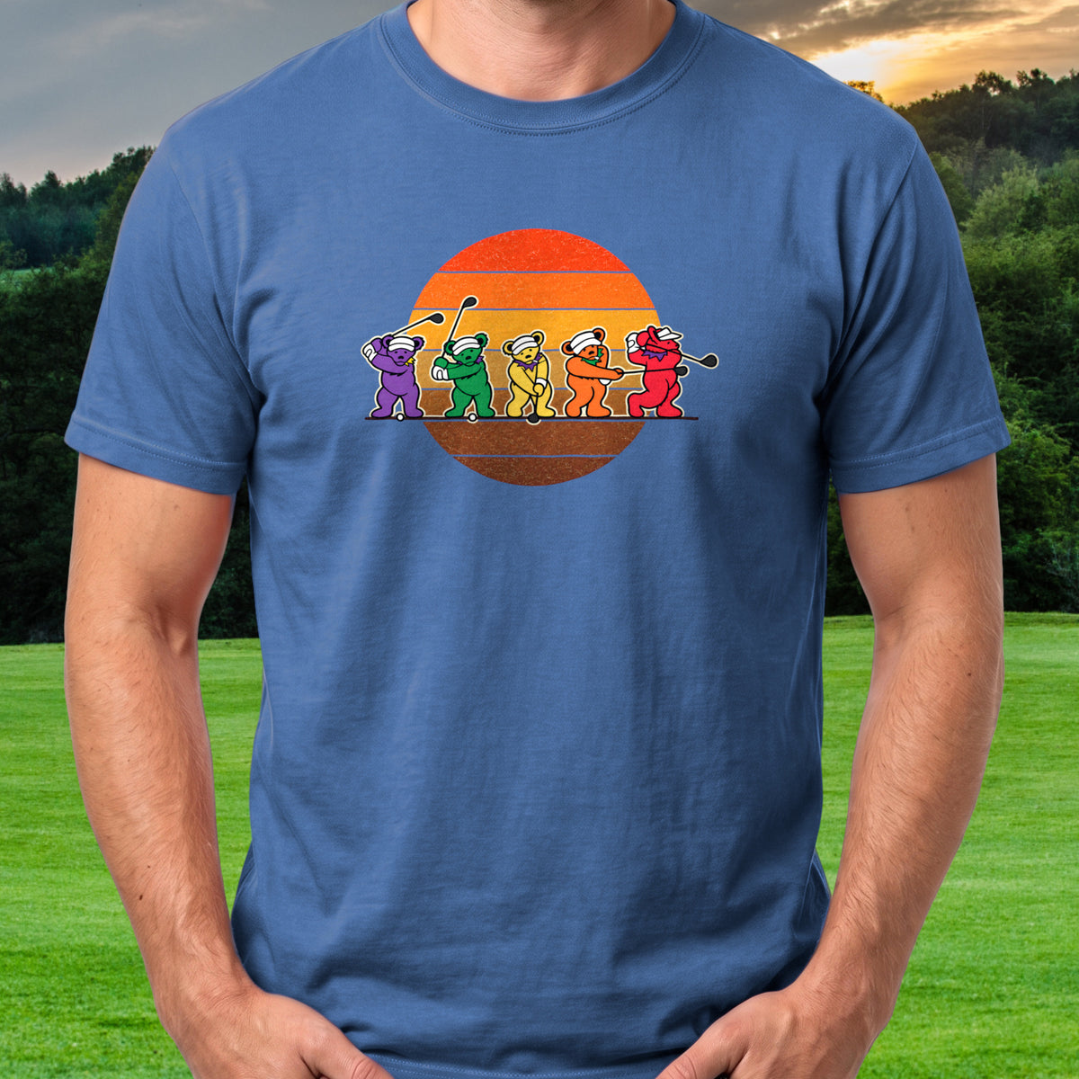 Golf Swing Bears Sunset Tee worn on the golf course, Royal