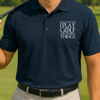 I Play Golf And Know Things Performance Polo worn on the golf course, Navy
