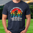 Wandering Sasquatch Christmas Lights Tee worn on the golf course, Navy