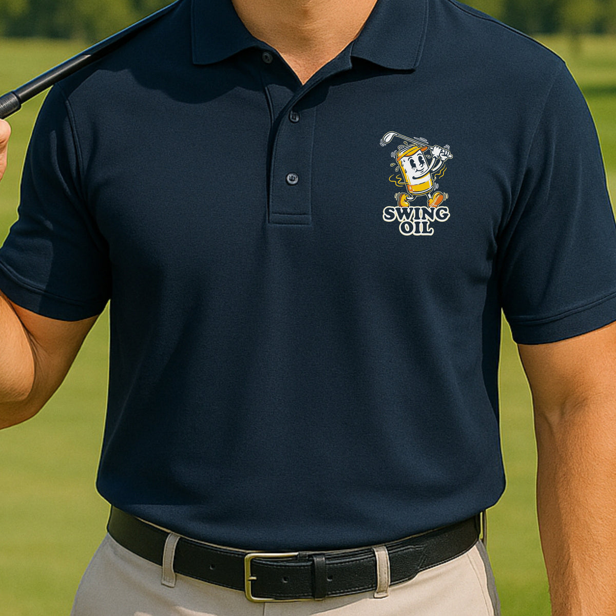 Swing Oil Beer Can Performance Polo worn on the golf course, Navy