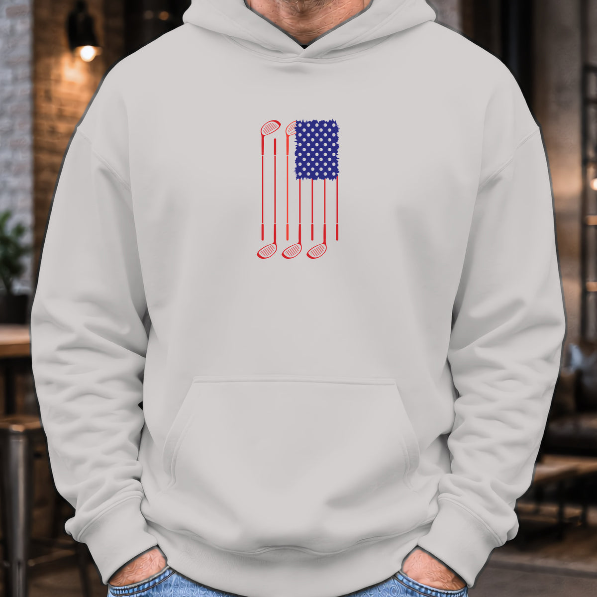 USA Flag Clubs & Balls Hoodie worn, Sport Grey