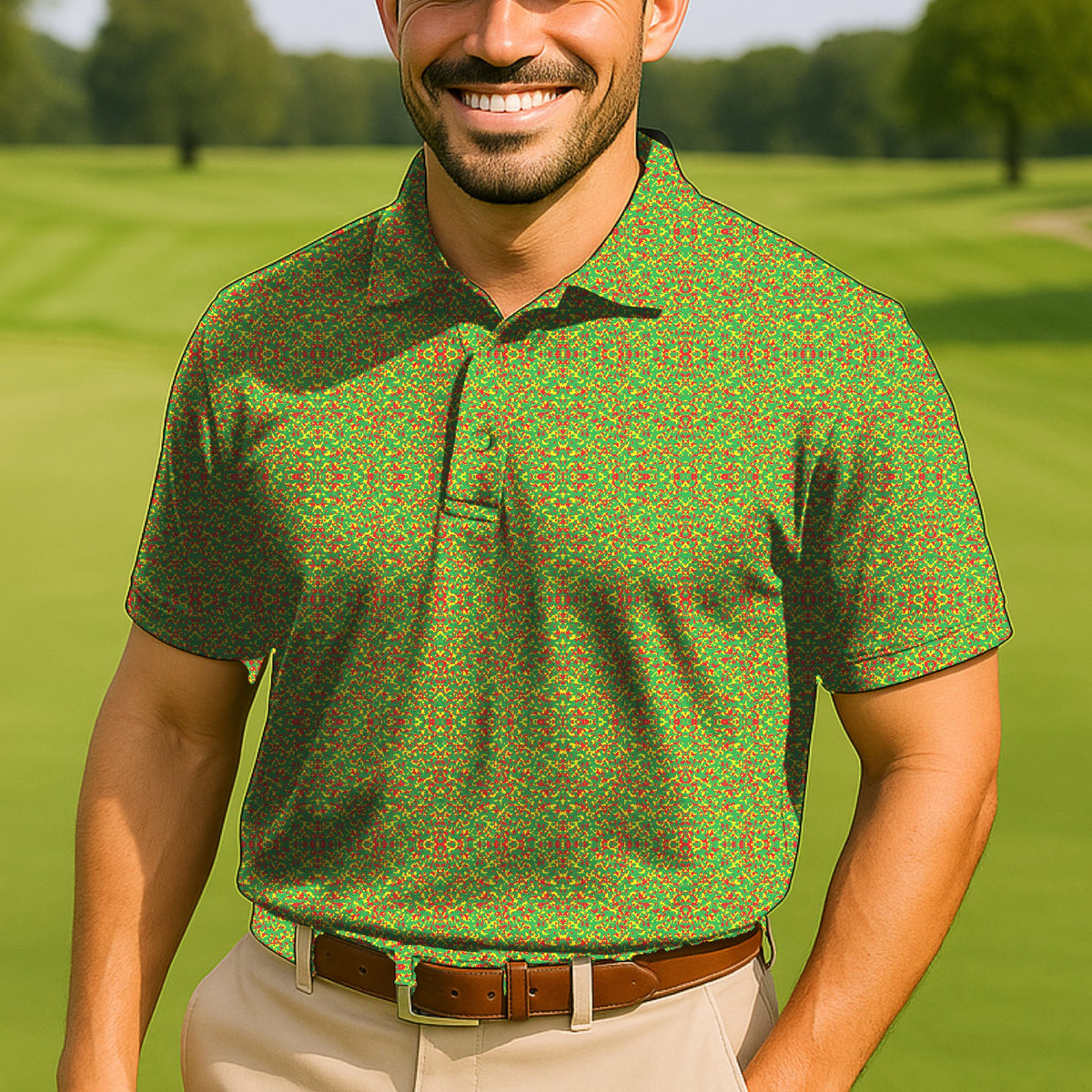 Rasta Camo Performance Print Polo worn on the golf course