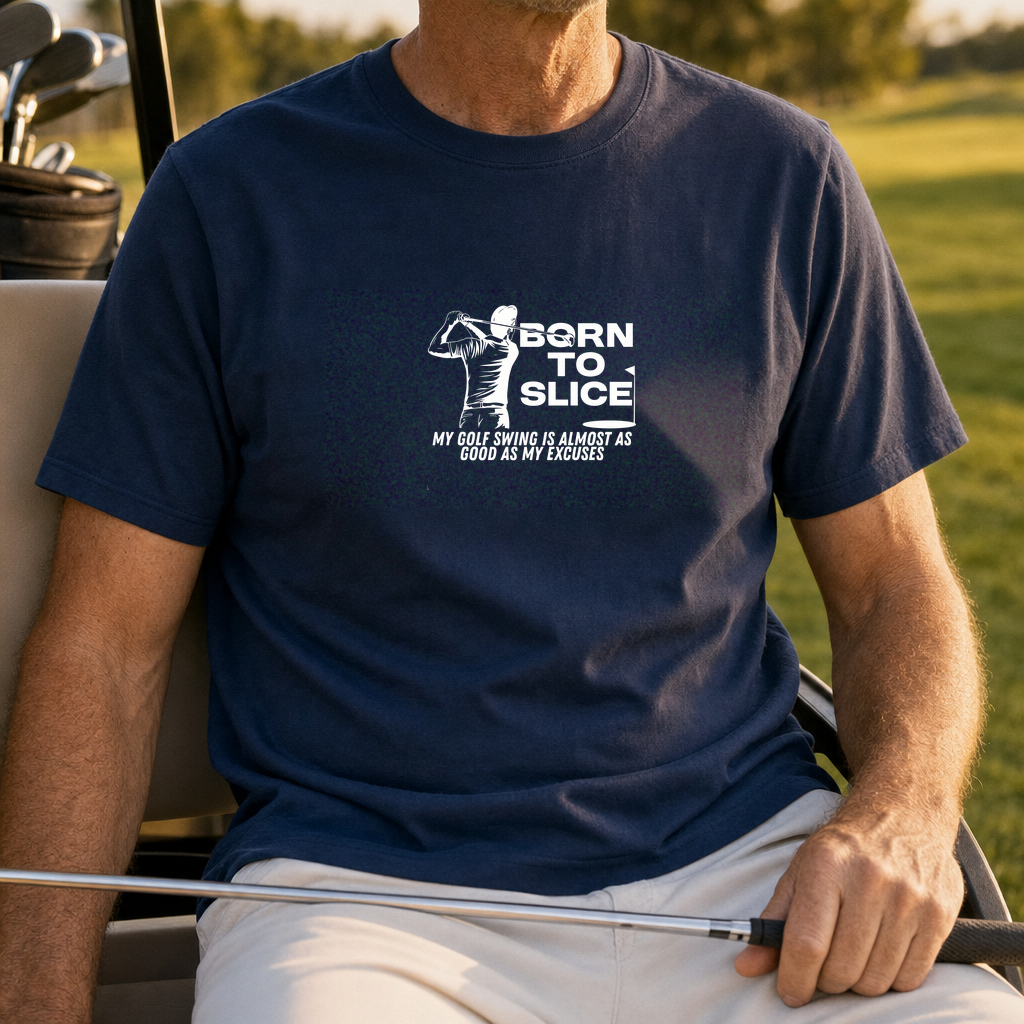 Born To Slice Tee worn on the golf course, Navy