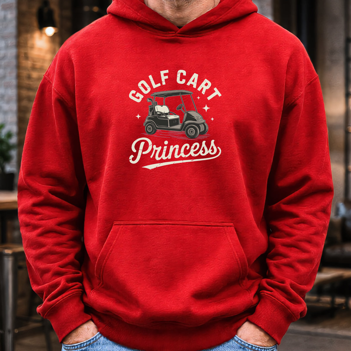 Golf Cart Princess Hoodie worn, Red