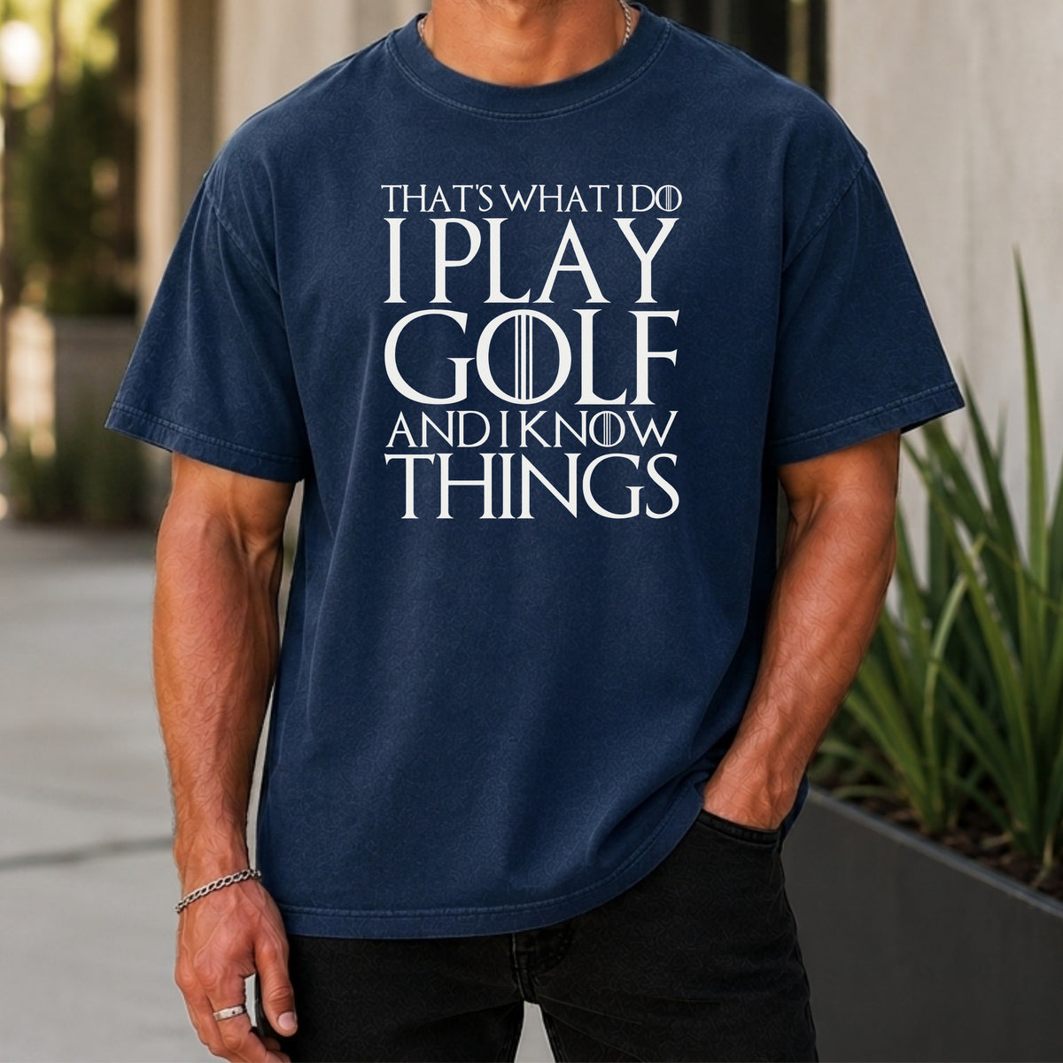 I Play Golf And Know Things Premium Tee worn, True Navy