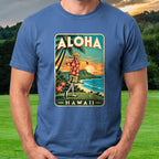 Aloha Hawaii Skeleton Travel Poster Tee worn on the golf course, Royal