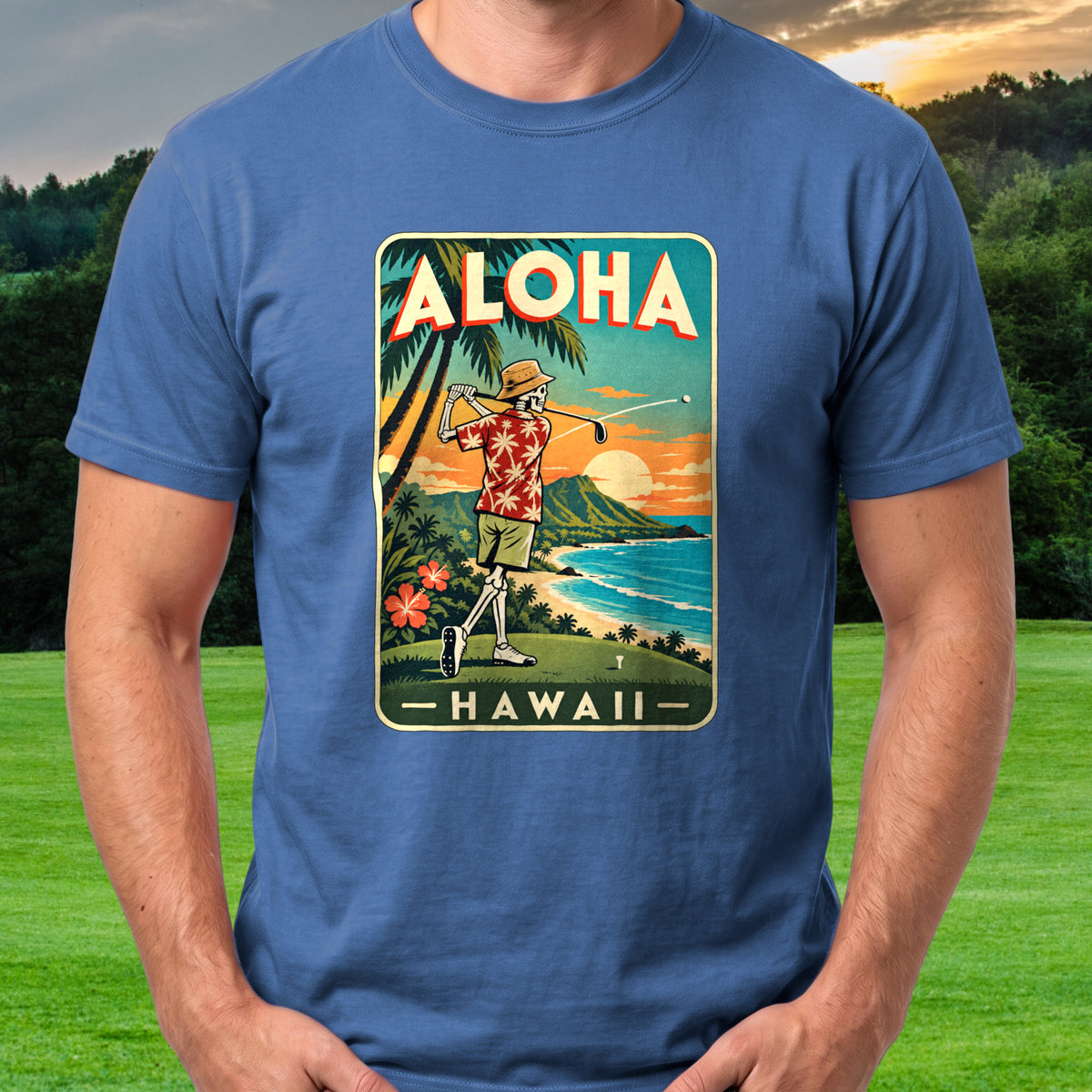 Aloha Hawaii Skeleton Travel Poster Tee worn on the golf course, Royal