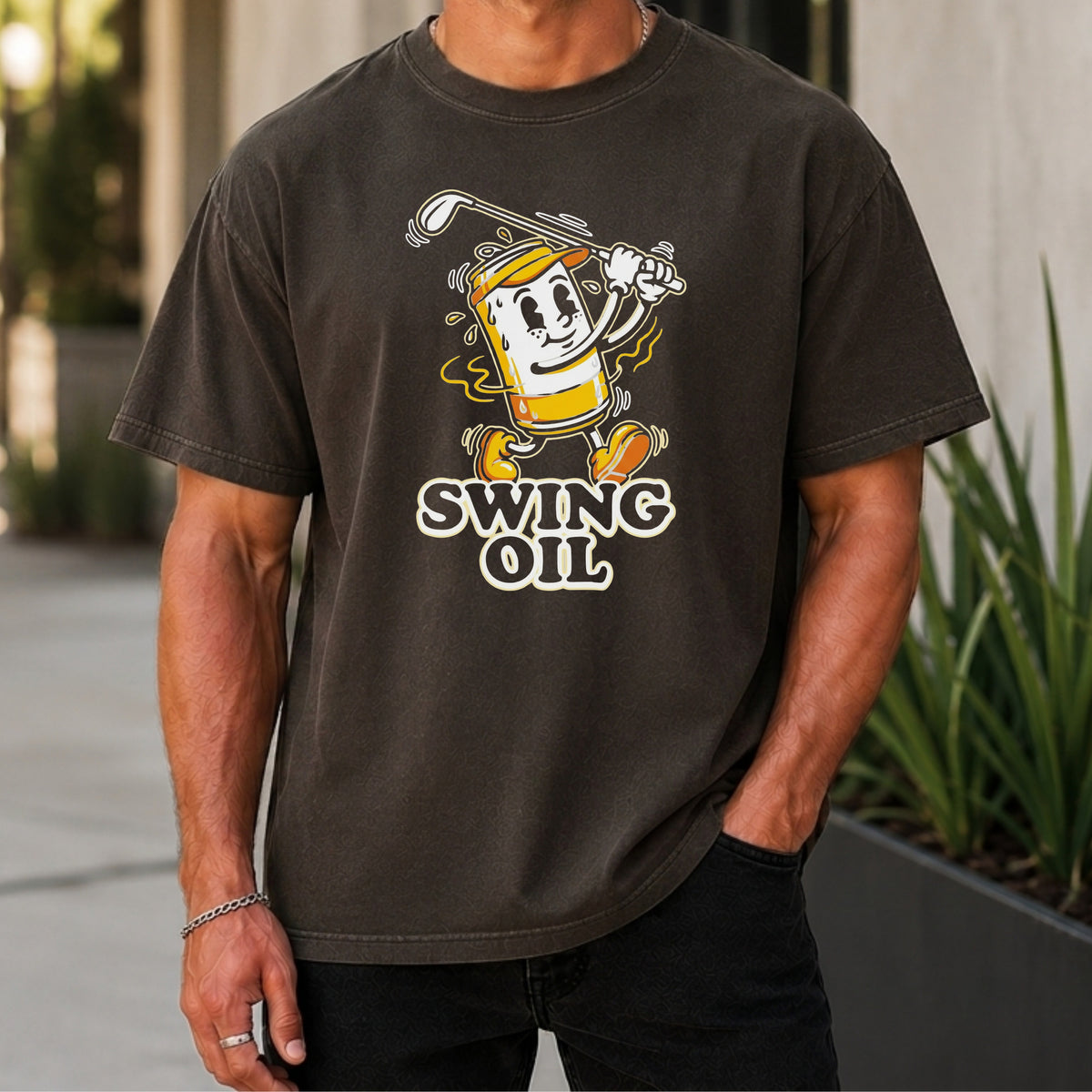 Swing Oil Beer Can Premium Tee worn, Pepper