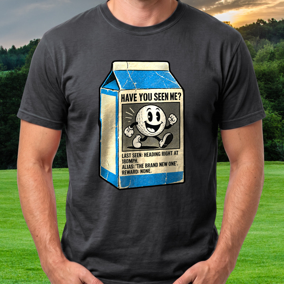 Have You Seen Me Cartoon Tee worn on the golf course, Black