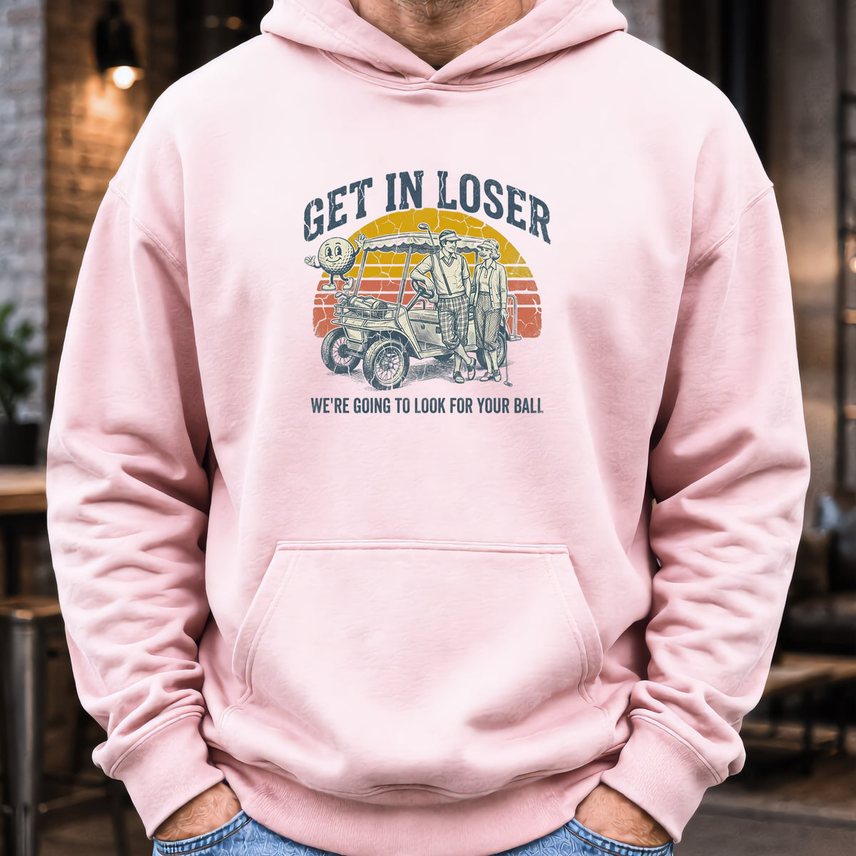 Get In Loser Retro Hoodie worn, Light Pink