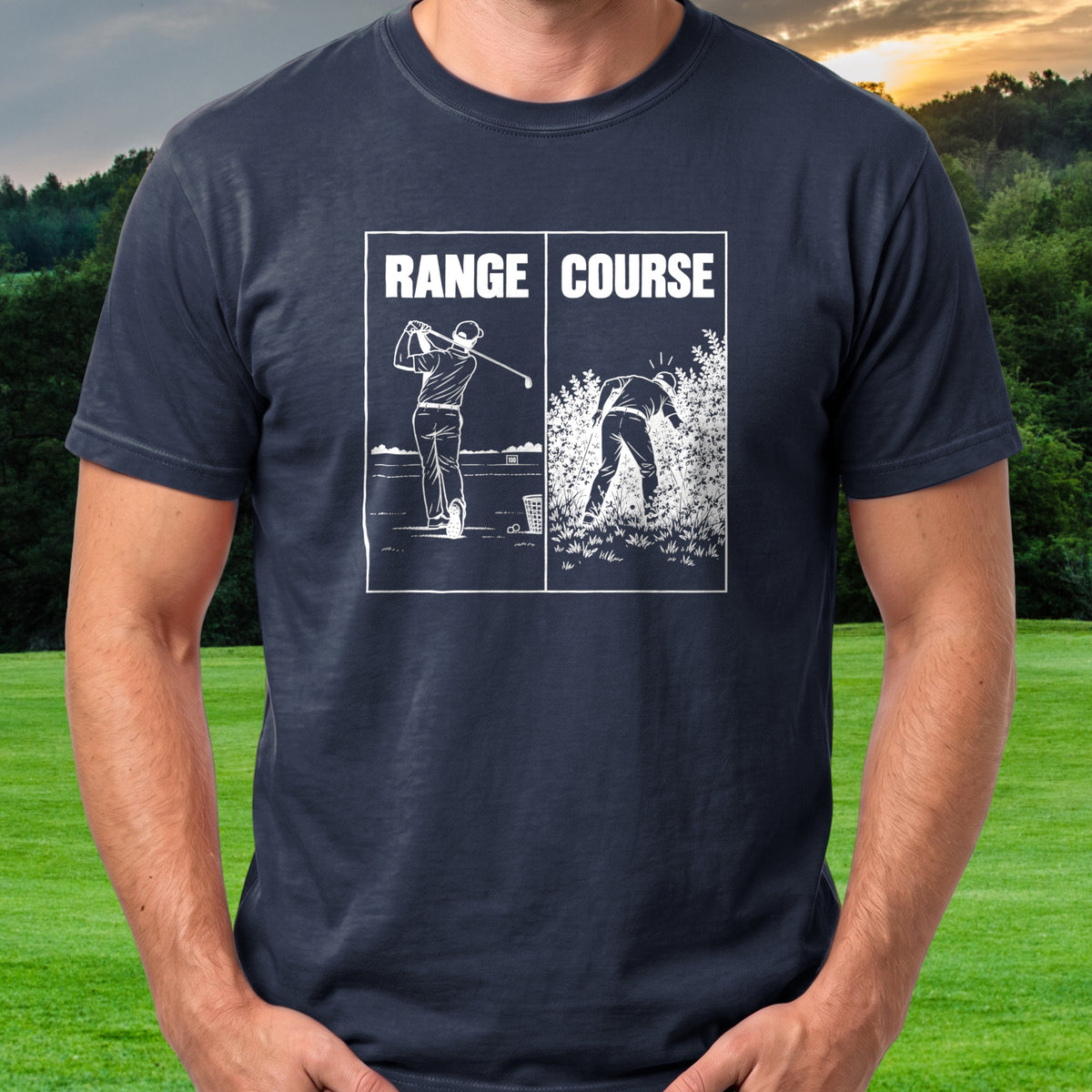 Range Vs Course Tee worn on the golf course, Navy