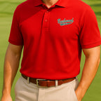 Bushwood Jersey Performance Polo worn on the golf course, Red