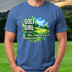 Golf Girl Watercolor Tee worn on the golf course, Royal