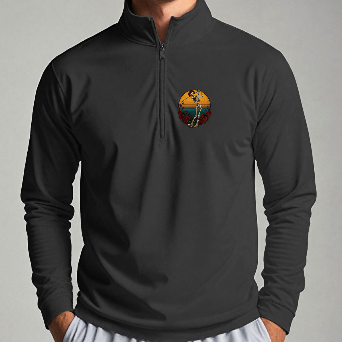 Skeleton Swing Sunset Quarter Zip worn, Black