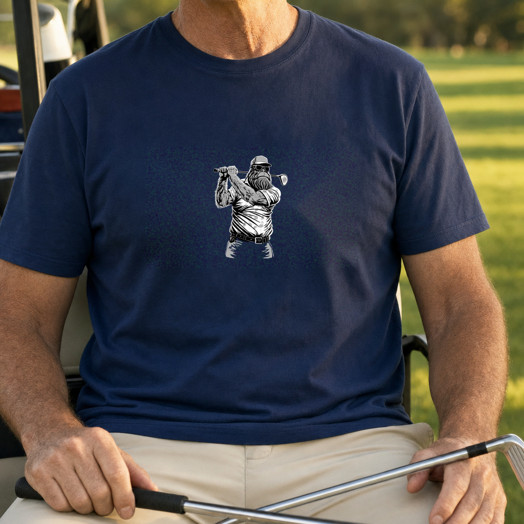 Sasquatch Golfs Tee worn on the golf course, Navy