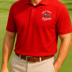 Golf Cart Princess Performance Polo worn on the golf course, Red