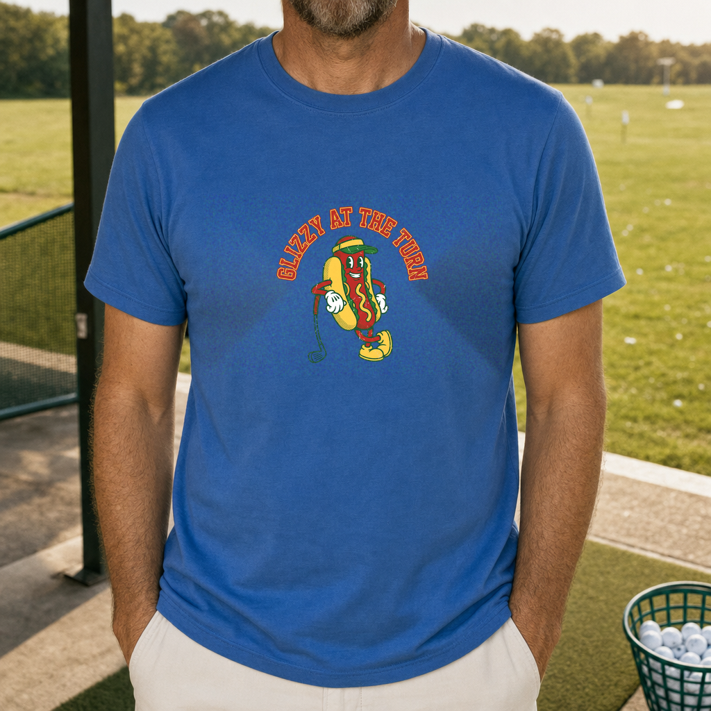 Glizzy At The Turn Tee worn on the golf course, Royal