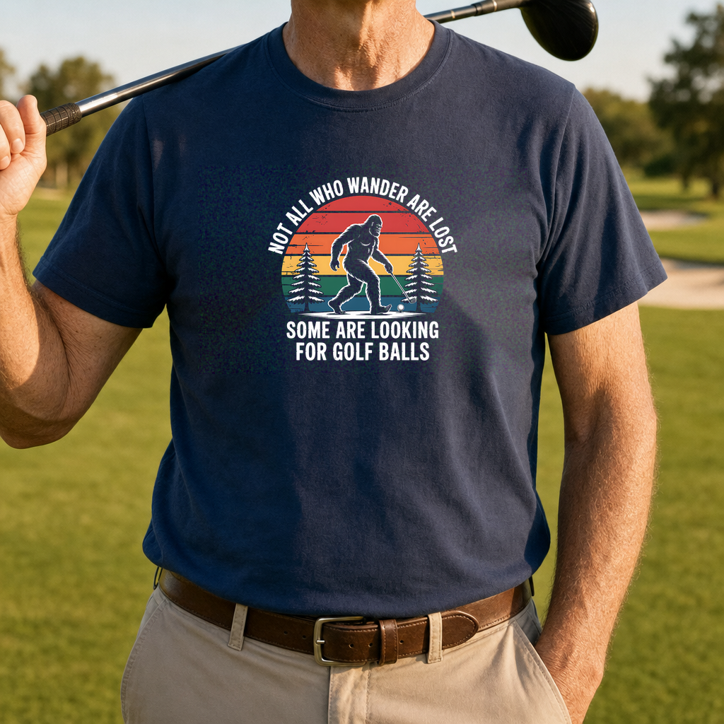 Wandering Sasquatch Tee worn on the golf course, Navy