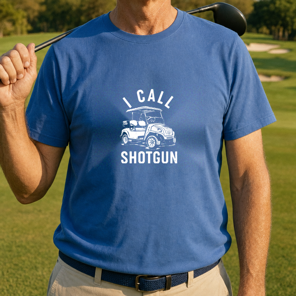 I Call Shotgun Tee worn on the golf course, Royal