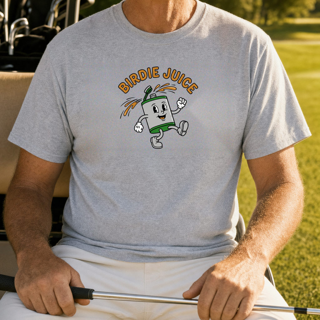 Birdie Juice Flask Tee worn on the golf course, Sport Grey