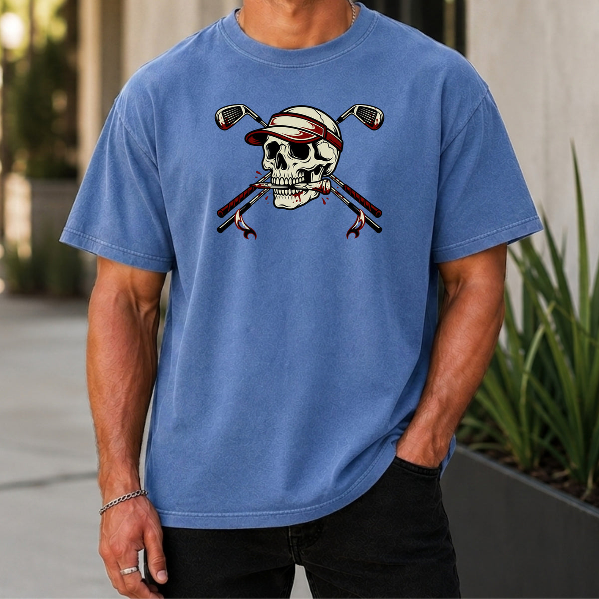 Skull and Cross Clubs Color Premium Tee worn, Mystic Blue